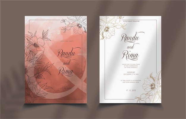 Abstract watercolor wedding invitation template with floral outline