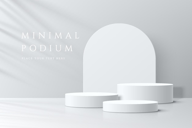 Abstract white 3D room with realistic white cylinder pedestal podium and palm leaf shadow overlay