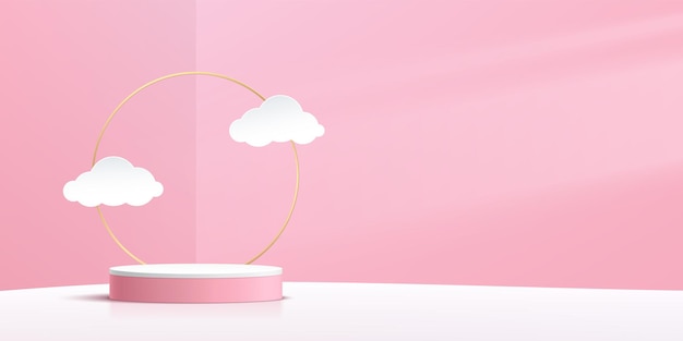 abstract white cylinder pedestal podium pink wall scene with golden ring and cloud paper cut style