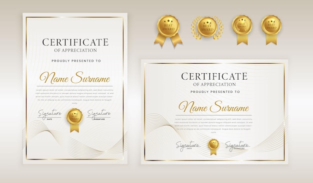 Abstract white and gold luxury certificate of appreciation recognition gold wavy line badge and border in a4 template