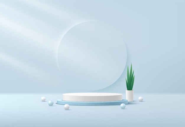 Abstract white and light blue cylinder platform podium Window lighting Sphere ball Plant pot and green leave blue minimal wall scene Vector rendering 3d shape for Product display presentation