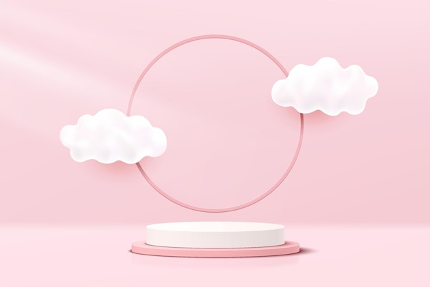 Abstract White and Pink 3D cylinder pedestal podium with cloud flying and circle ring backdrop