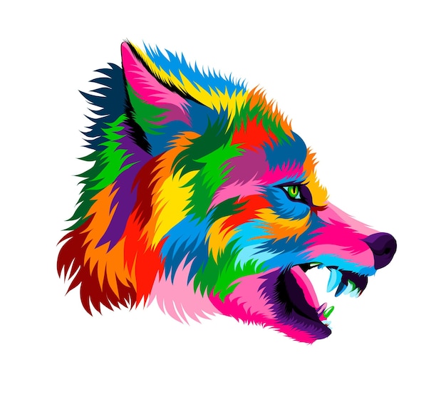 Abstract wolf head portrait wolf grin furious wolf from multicolored paints Colored drawing