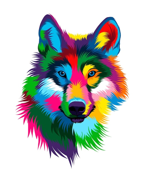 Abstract wolf head portrait wolf grin furious wolf from multicolored paints Colored drawing