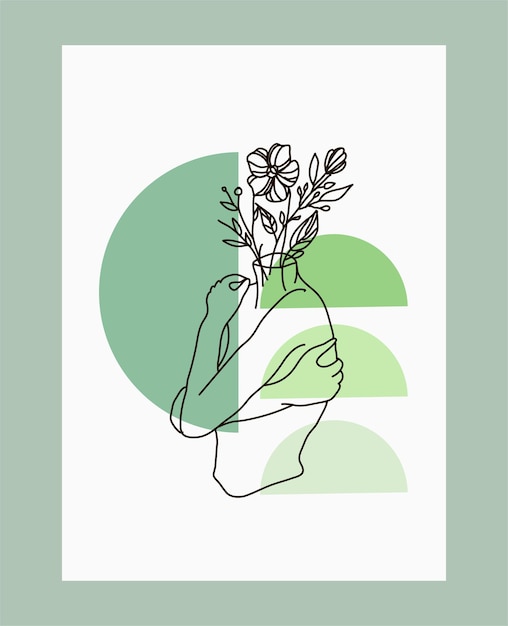 Abstract woman poster Girl with different plant line drawing Line face illustration woman with f