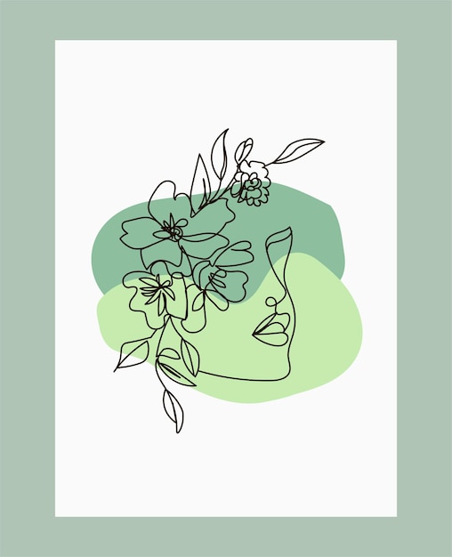 Abstract woman poster Girl with different plant line drawing Line face illustration woman with f