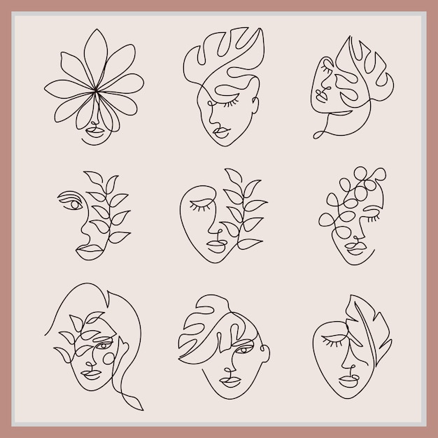 Abstract women face line art design  with leaf