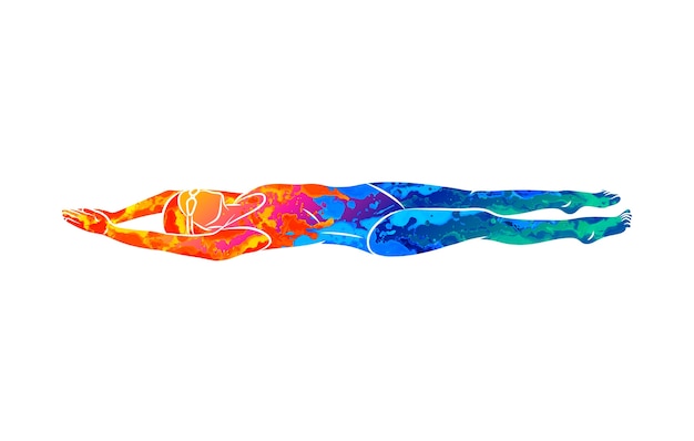 Abstract young woman is swimming on her back from splash of watercolors.  illustration of paints. Backstroke