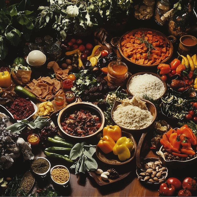 Abundance of Fresh Produce A Colorful Display of Vegetables Fruits Grains Nuts Seeds Spices and H