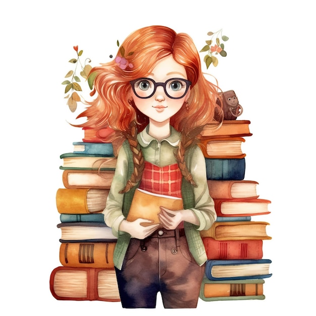 academia librarian girl folk art watercolor 2