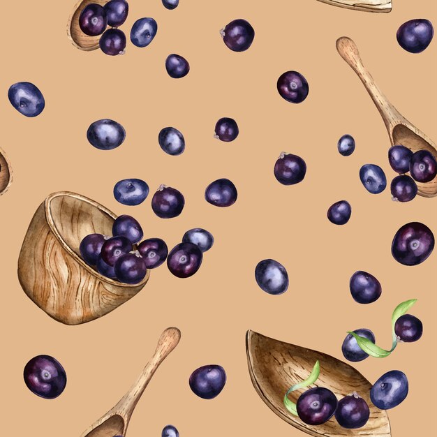 Vector acai berries in wooden kitchen utensils watercolor seamless pattern isolated on beige purple berries in a wooden plate spoon hand drawn design element for packaging paper textile background