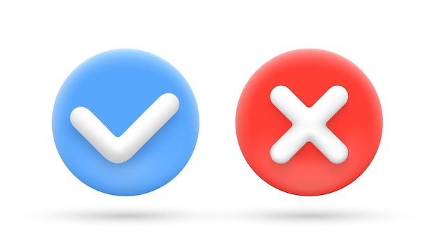 Accept and reject icons in 3d cartoon style Check mark and cross Vector illustration