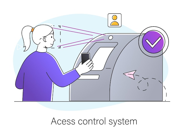 Vector access control system atm checks biometric data of client and provides him with access woman shows