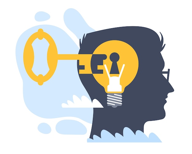 Access to ideas Key opening mans head Silhouette male profile and light bulb with keyhole Stealing secrets and solutions Intellectual property Mind opportunities Vector concept