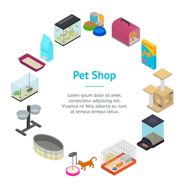 Accessories for Domestic Pets Banner Card Circle Care Animal Isometric View Vector