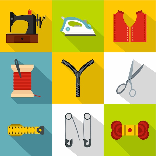 Accessories for sewing workshop icon set