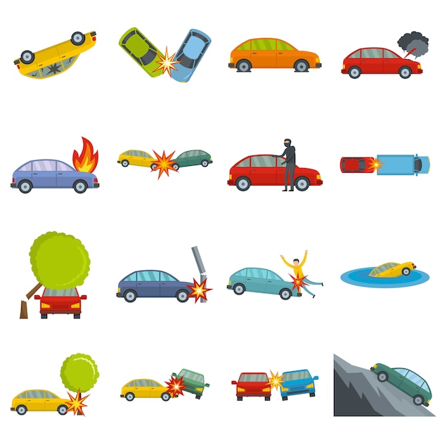 Accident car crash case icons set 