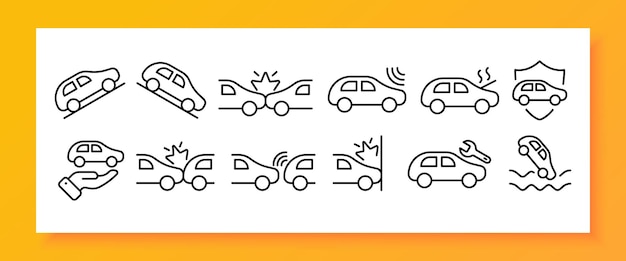 Accident set icon Service station crash failure fire emergency tining breakdown break traffic rule collision Road signs concept Vector line icon for Business and Advertising