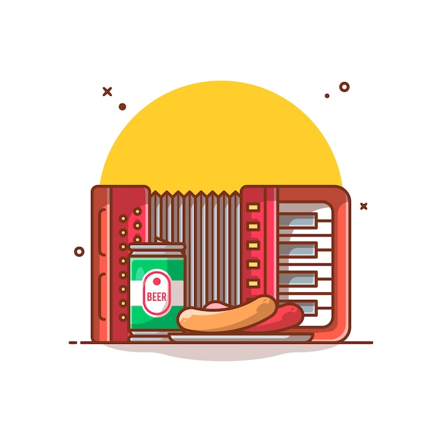 Accordion, Cans beer, Sausage illustration