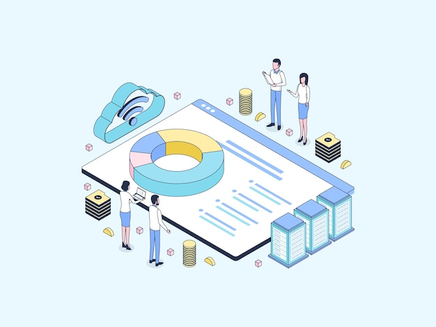 Accounting Seminar Isometric  Illustration Lineal Color. Suitable for Mobile App, Website, Banner, Diagrams, Infographics, and Other Graphic Assets.