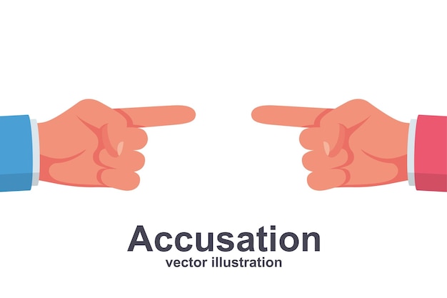 Accusation concept Two people in a dispute point at each other with their fingers Vector illustration flat design Isolated on white background Harassment coworkers Victim worker