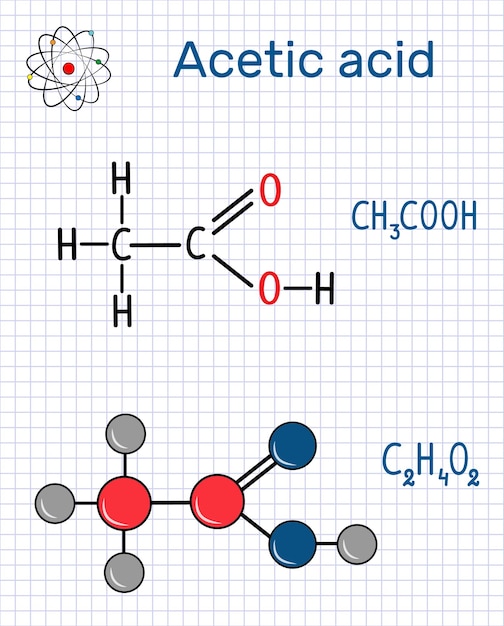 Acetic acid ethanoic molecule Structural chemical formula and molecule model