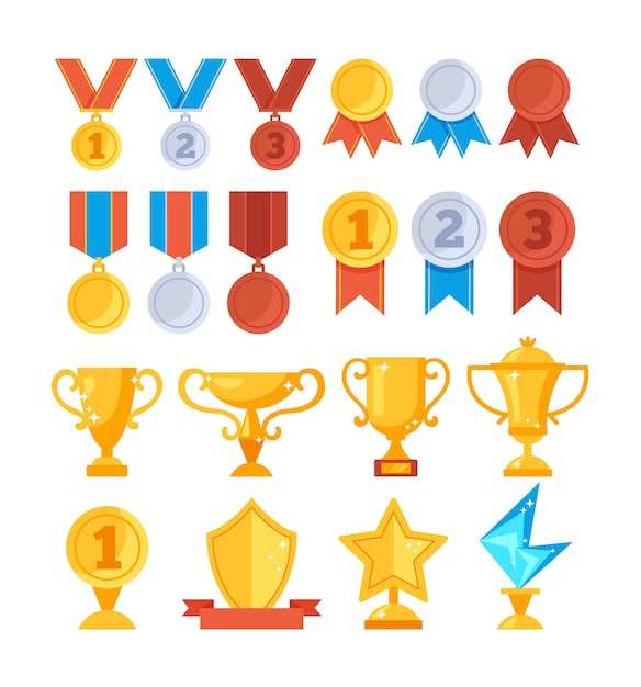 Achievement award trophy golden cup medal icon set