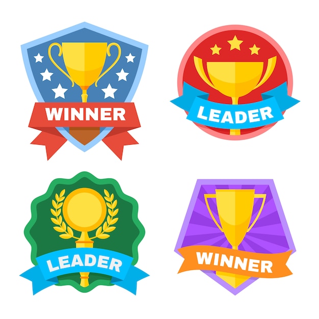 Achievement, champ and contest vector logo set with gold trophy cup. Sport trophy achievement, winner and leader illustration