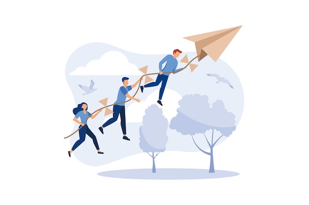 Vector achievement concept a company of people holding on to a thread from a paper plane