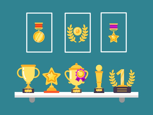 Achievements on shelves. Wall trophy golden cups and medals in frames for sport victory   illustrations in flat style