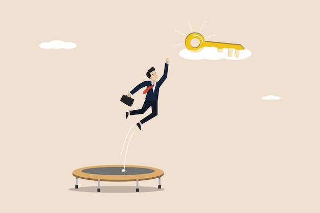 Achieving the key to success smart businessman jumps using a trampoline to achieve success