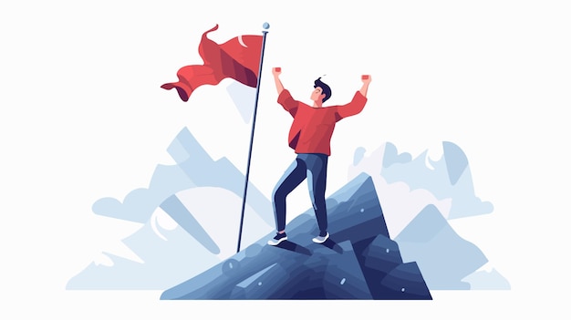 Vector achieving new milestone man waving flag on mountain peak