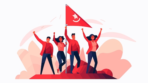 Achieving Team Goals Diverse Group Holding Red Flags Together