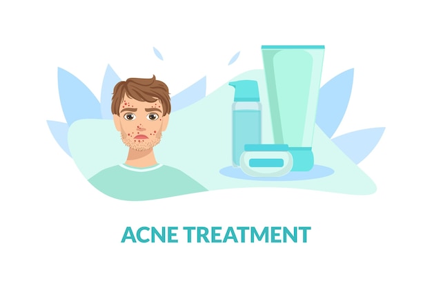 Vector acne treatment banner template guy with skin problems vector illustration