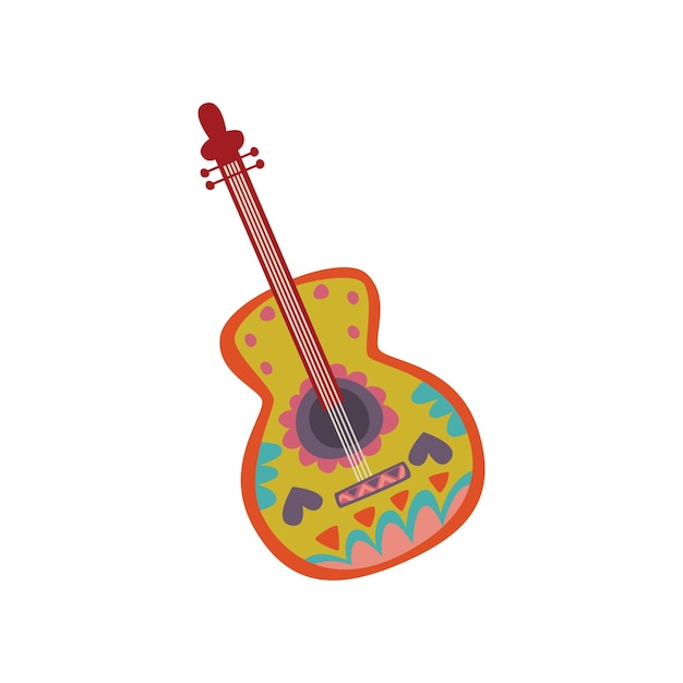 Acoustic guitar with Mexican ornament cartoon vector Illustration on a white background