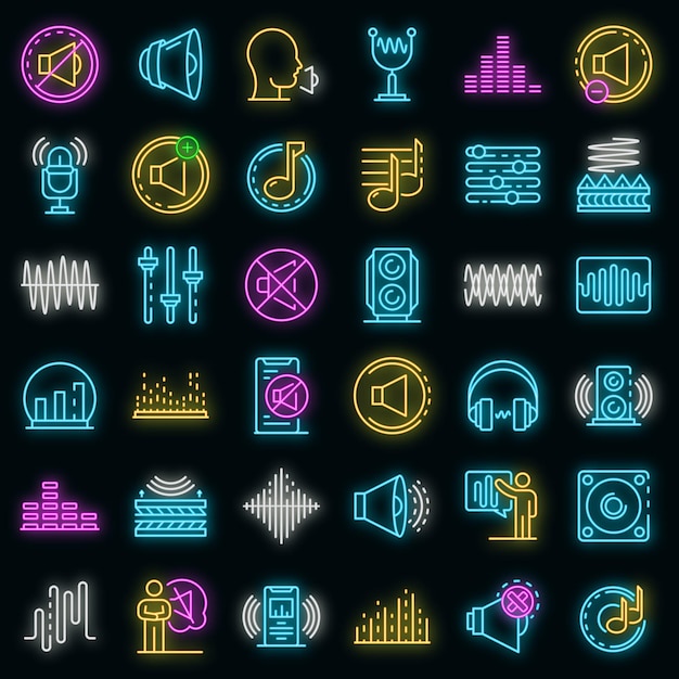 Acoustics icons set. Outline set of acoustics vector icons neon color on black