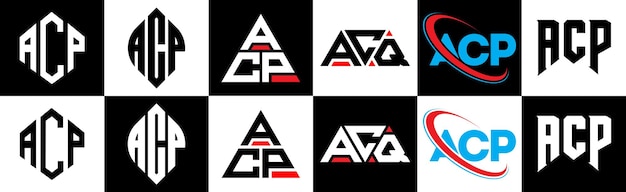 ACP letter logo design in six style ACP polygon circle triangle hexagon flat and simple style with black and white color variation letter logo set in one artboard ACP minimalist and classic logo