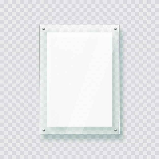 Acrylic glass plate plastic frame for poster of photo 3d realistic mockup isolated hanging on wall