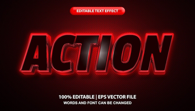 Action, editable text effect template, futuristic red neon light effect font style, movie title