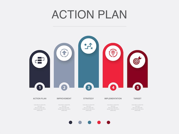 Action plan improvement strategy implementation target icons Infographic design layout template Creative presentation concept with 5 steps