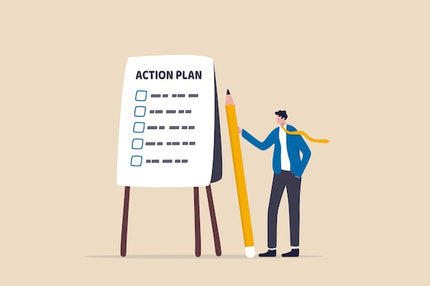 Action plan step by step checklist to progress and finish project procedure or action steps to develop and complete work concept businessman present action plan with checklist step on whiteboard