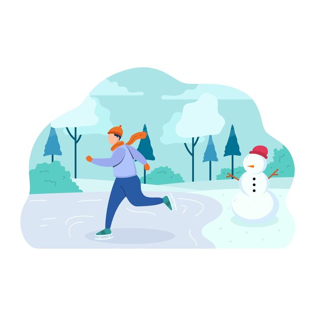 Vector active characters skiing, ice skating and snowman