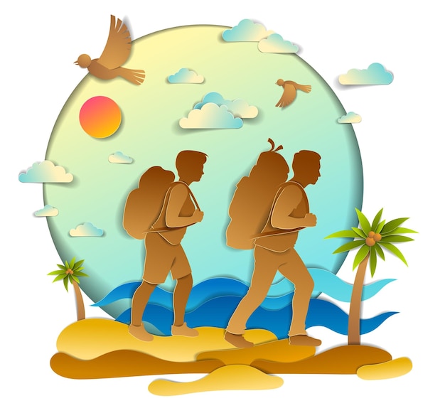 Active couple hiking to wild beach with sea ocean waves and palms, boyfriend and girlfriend, honeymoon. Vector illustration of beautiful scenic seascape, birds in the sky, summer holidays.