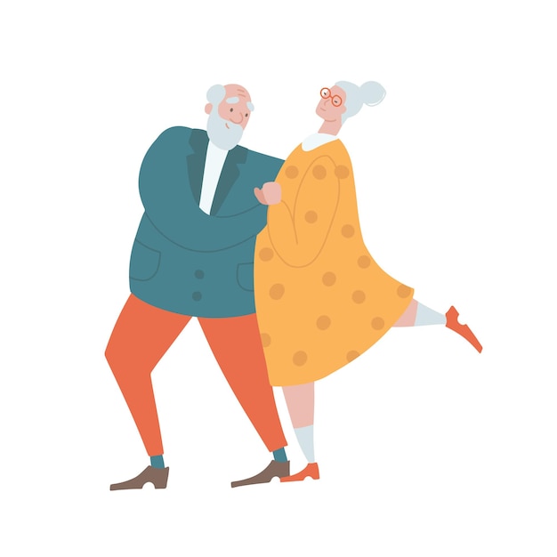 Active elderly couple dancing isolated concept happy senior man and woman hold hands and demonstrate