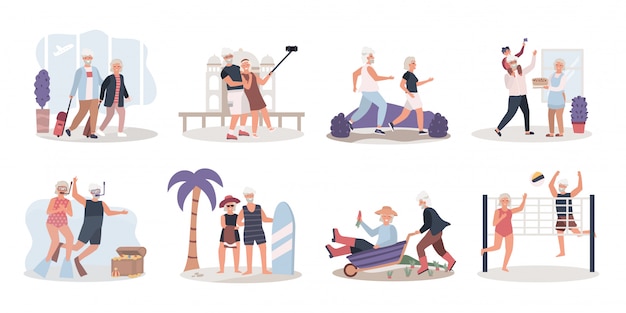 Active elderly couple enjoying life, illustration