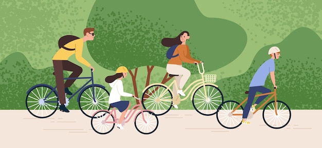 Active family riding on bike at forest park vector flat illustration. Mother, father, daughter and son cycling together. Parents and kids enjoying healthy lifestyle. Recreational outdoor activity.