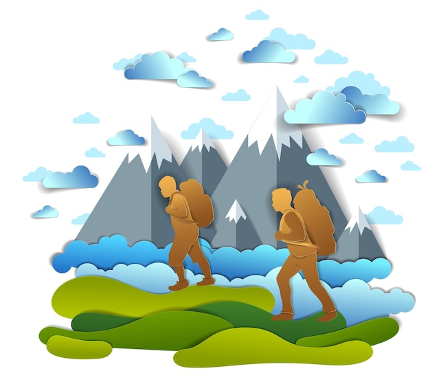 Active father and teenage son hiking through grasslands to mountains, clouds in the summer sky. Fatherhood, hiker men having time of freedom in nature summer holidays, vector illustration.