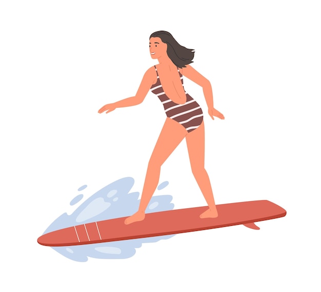 Active female in swimsuit standing on surfboard vector flat illustration. Sportswoman ride on wave enjoying extreme sports isolated on white. Smiling woman surfer in beachwear at sea or ocean.