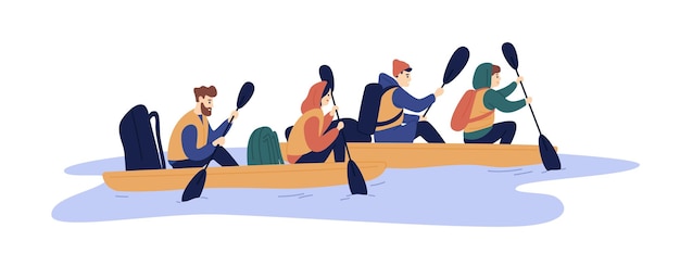 Vector active friends rafting on boat at river vector flat illustration. group of backpack people enjoying extreme lifestyle isolated on white. man and woman hold paddle floating on water together.