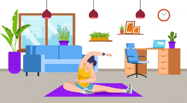 Active girl doing yoga, workout, sport exercise, fitness at home living room  illustration. Sport activity and healthy lifestyle, training. Weight loss and sporty body, stretching at home woman.